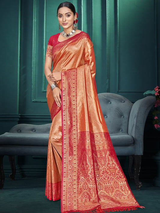 Peach Color Traditional Kanjivaram Silk Saree With Beautiful Woven Designer