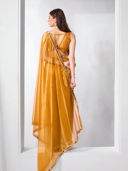 Mustard Color Gold Twill Net Fabric Real Mirror And Coding Lace Work Work Designer Saree