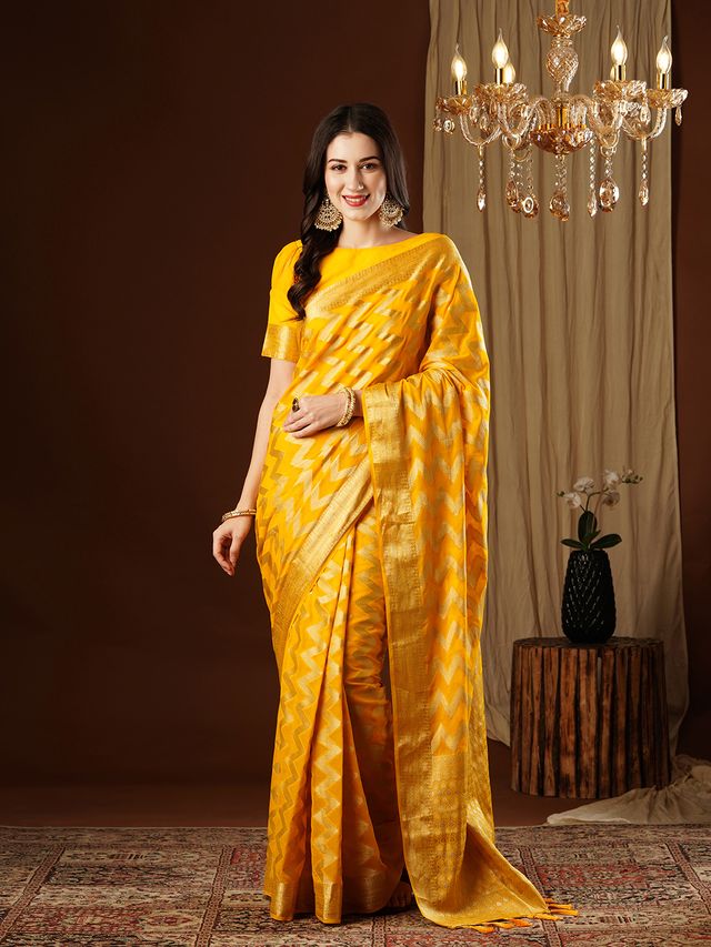 Yellow Color Beautiful Woven Ethnic Georgette Fabric Ceremonial Saree
