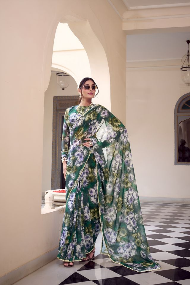 Rama Color Georgette Fabric Beautiful Floral Printed Saree
