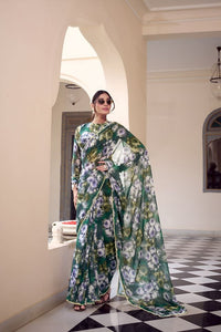 Rama Color Georgette Fabric Beautiful Floral Printed Saree
