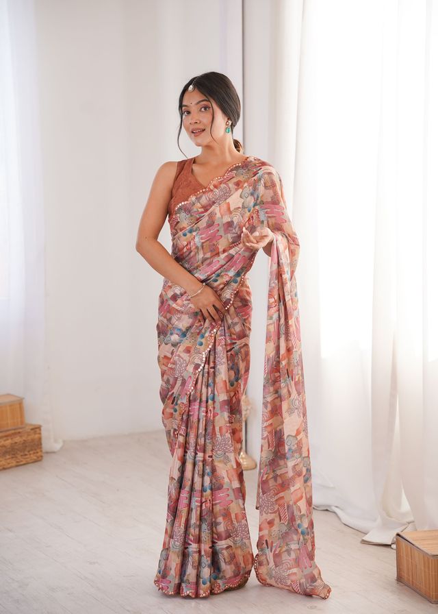 Peach Color Chinon Fabric Digital Printed Partywear Ceremonial Saree