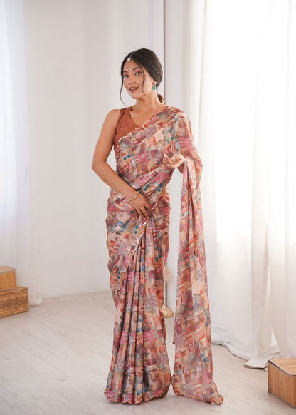 Peach Color Chinon Fabric Digital Printed Partywear Ceremonial Saree
