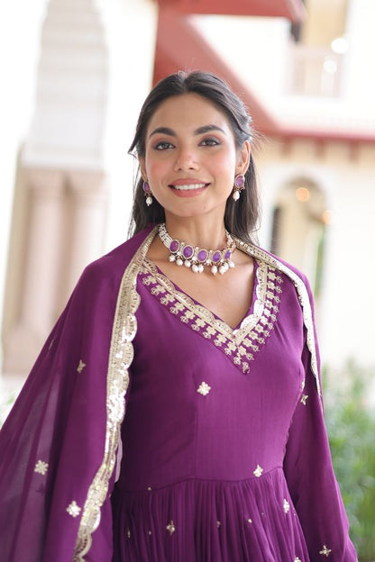 Magenta Color Heavy Embroidered Ethnic Beautiful Gown With Dupatta