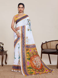 Cream Color Linen Silk Fabric Beautiful Partywear Saree