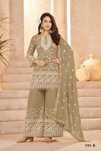Beige Georgette All Over Cotton Thread & Sequins Work Palazzo Sets Size upto 44