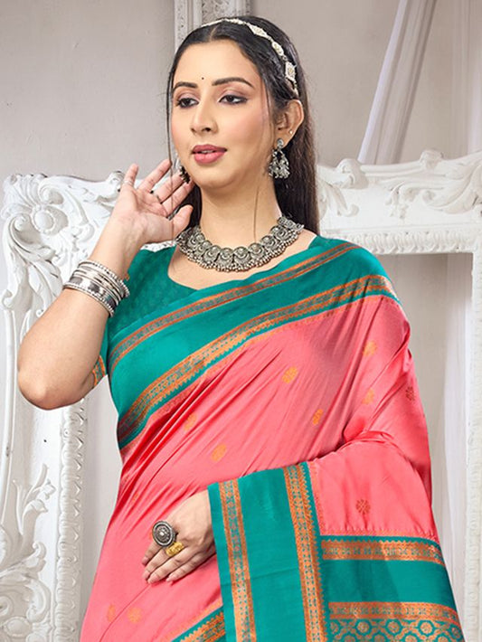 Dark Peach Color Silk Blended Woven Designer Ethnic Partywear Saree