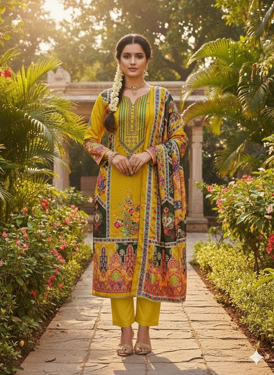 Yellow Color Chinon Fabric Designer Printed Ethnic Ceremonial Suit