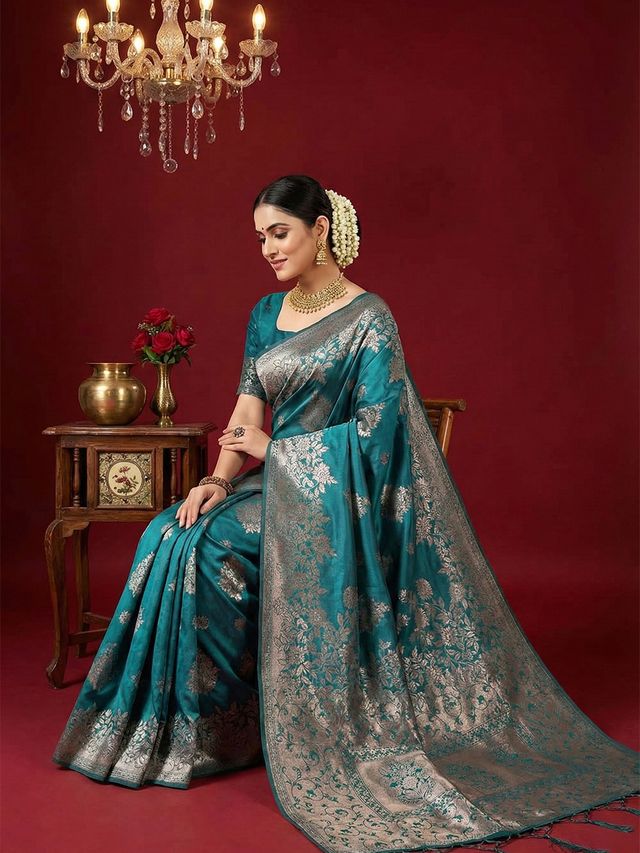 Sea Green Color Beautiful Silk Blend Fabric Woven Designer Ethnic Ceremonial Saree