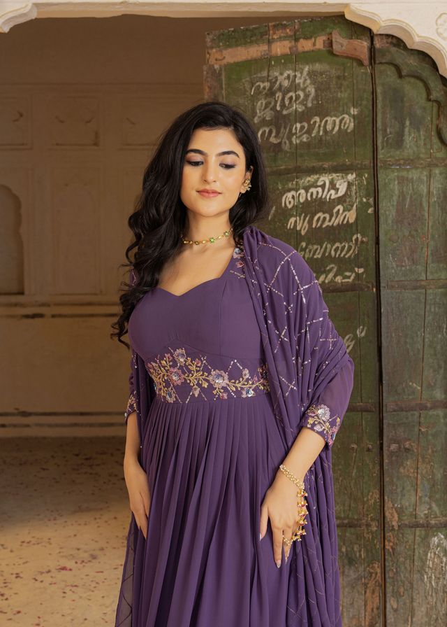 Purple Color Georgette Fabric Designer Embroidered Partywear Gown For Girlie Looks