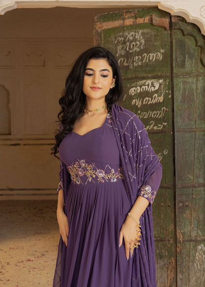 Purple Color Georgette Fabric Designer Embroidered Partywear Gown For Girlie Looks