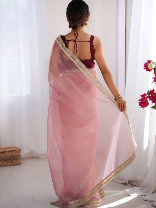 Pink Color Stylish Gold Net Fabric Graceful Girlie Saree