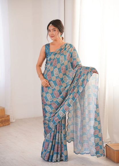 Blue Color Girlie Chinon Fabric Designer Digital Printed Ceremonial Saree