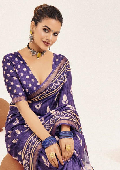 Purple Color Cotton Silk Fabric Designer Digital Printed Saree