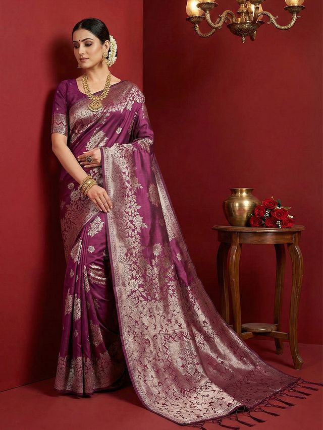 Purple Color Beautiful Silk Blend Fabric Woven Designer Ethnic Ceremonial Saree