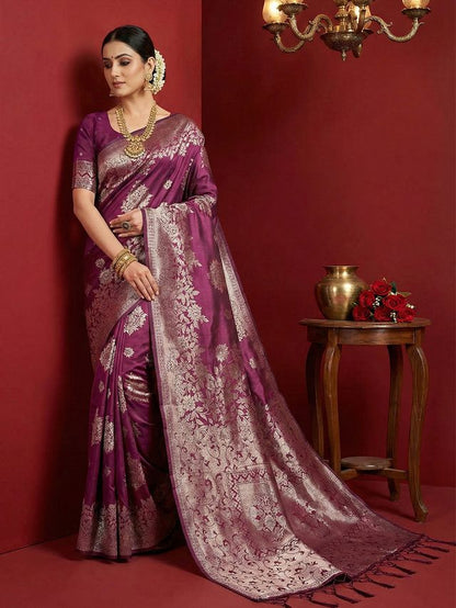 Purple Color Beautiful Silk Blend Fabric Woven Designer Ethnic Ceremonial Saree