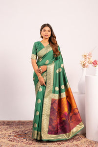Parrot Green Color Banarasi Silk Fabric Designer Partywear Saree