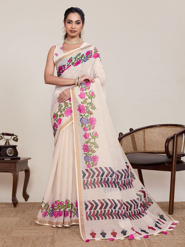 Off White Color Linen Silk Fabric Beautiful Partywear Saree