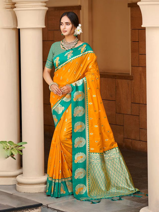 Yellow Color Ethnic Woven Designer Partywear Saree