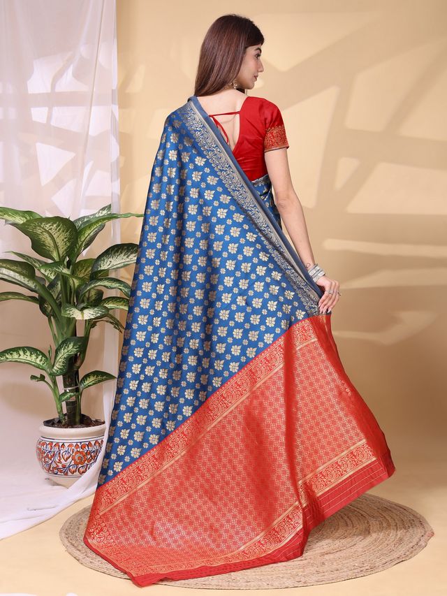 Blue Color Lichi Silk Fabric Beautiful Woven Designer Saree