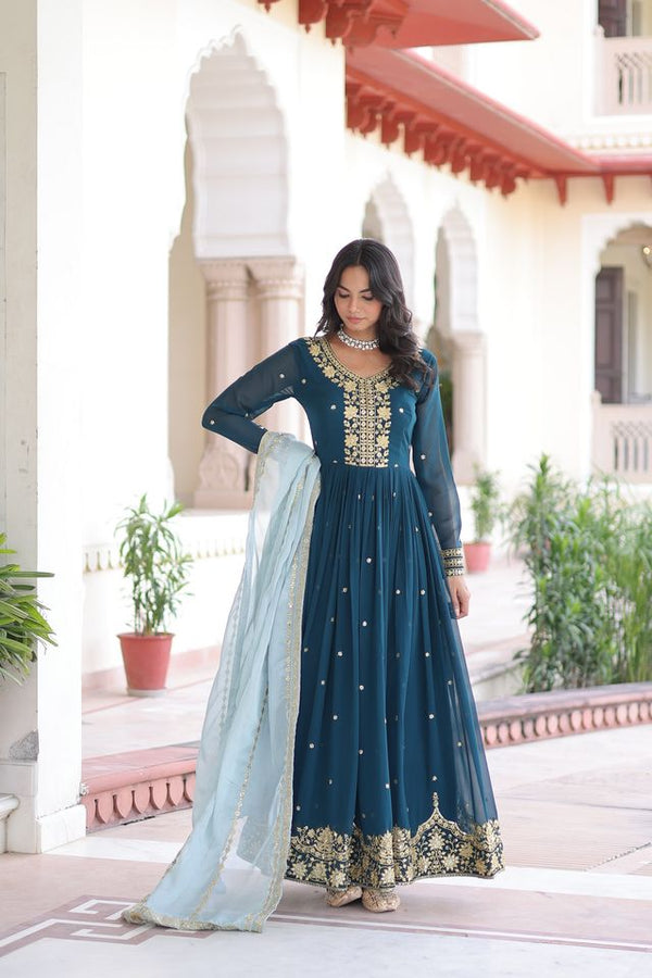 Teal Blue Color Beautiful Ceremonial Faux Georgette Fabric Gown For Party Looks