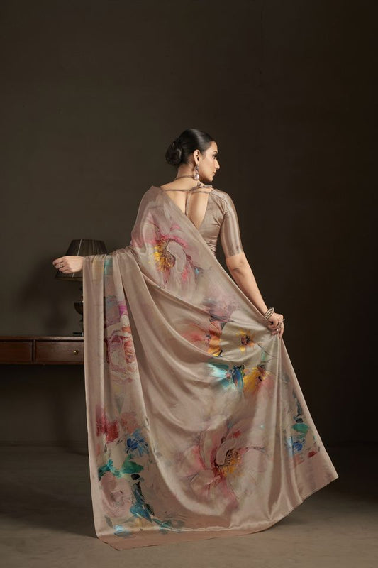 Beige Color Stylish Digital Printed Silk Crepe Fabric Saree For Trendy Looks