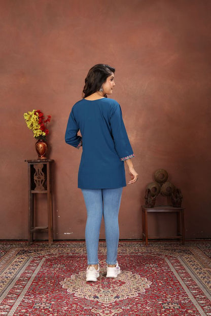 Blue Color Rinkal Cotton Fabric Formal Looking Casual Short Kurta
