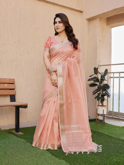 Peach Color Tissue Linen Silk Fabric Weaving Jari Lining Designer Saree