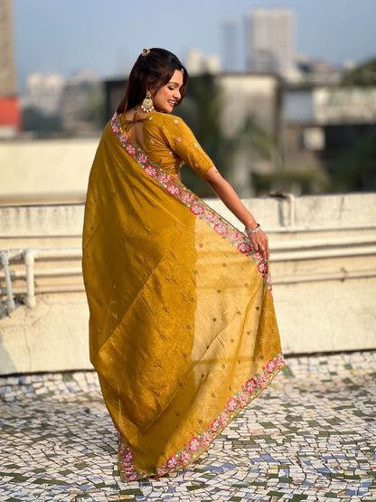 Mustard Color Crush Silk Fabric Designer Embroidered Wedding Special Saree