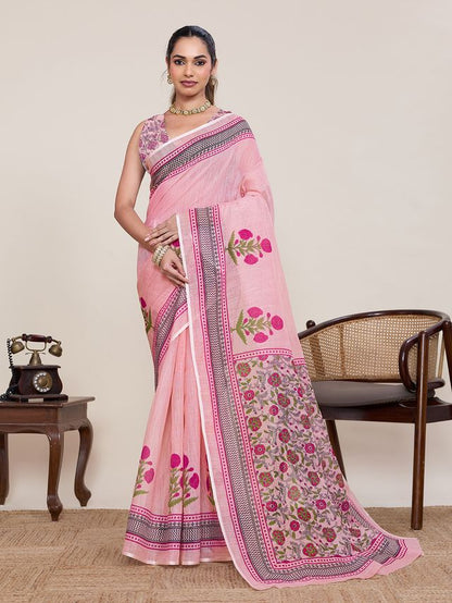 Pink Color Linen Silk Fabric Beautiful Partywear Saree