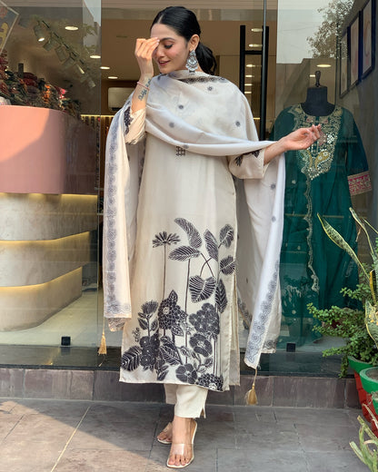 Women's Chinnon Fabric Staight Kurta, Pant and Dupatta Set