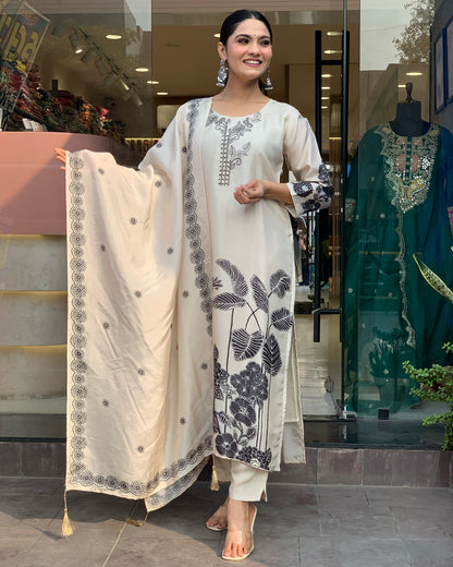 Women's Chinnon Fabric Staight Kurta, Pant and Dupatta Set