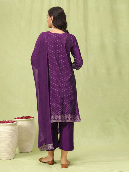 Purple Color Silk Blend Fabric Designer Embroidered Suit