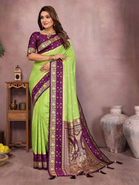 Green Color Handloom Silk Fabric Weaving Designer Ethnic Partywear Saree