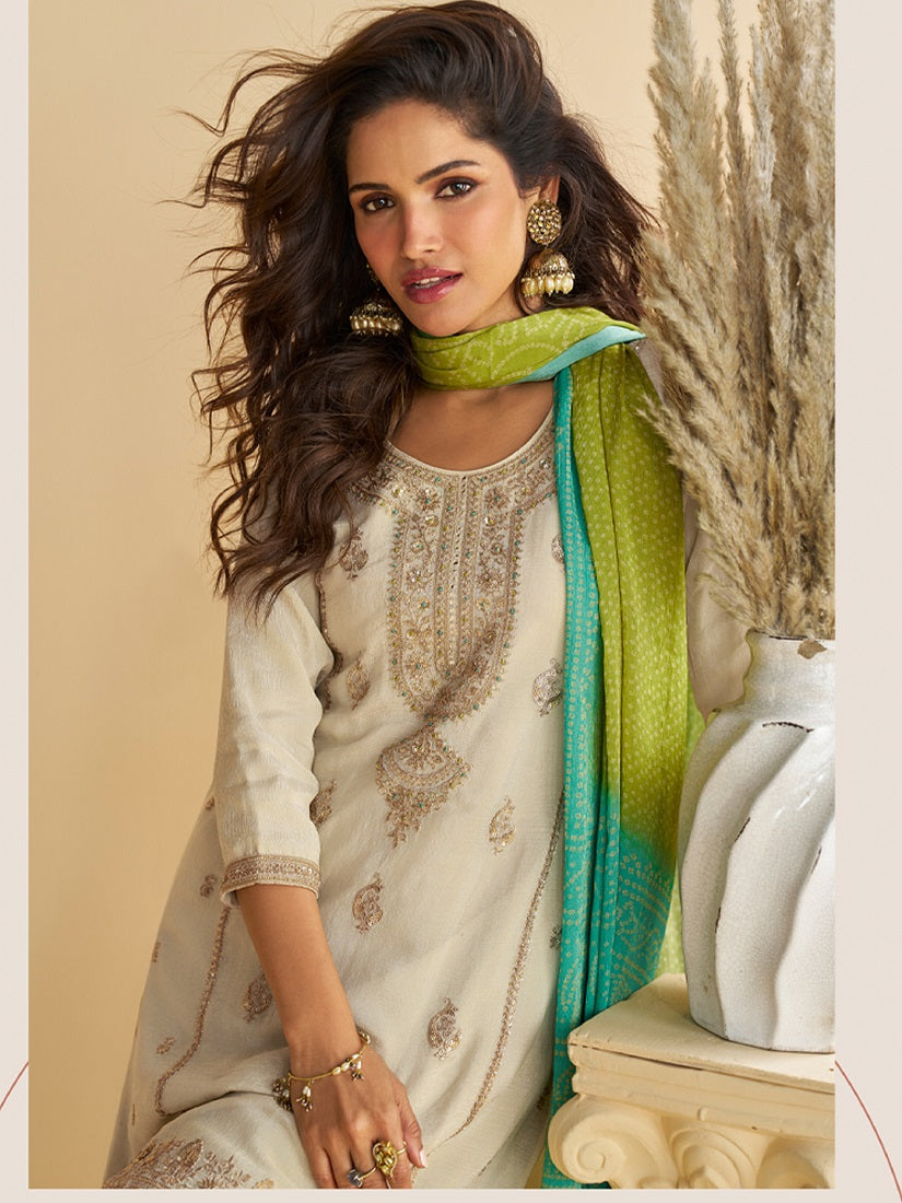 Women's Off White Chinon Silk Zari Embroidered Sequins Sharara Suit