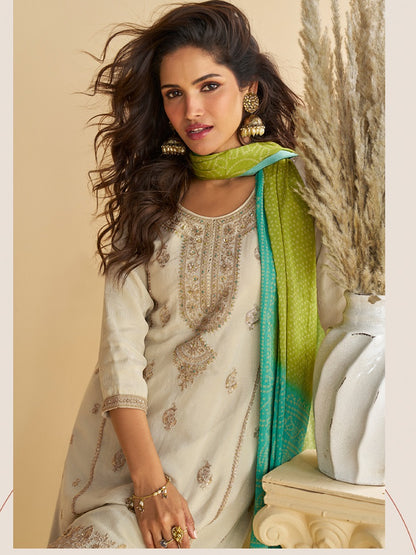 Women's Off White Chinon Silk Zari Embroidered Sequins Sharara Suit