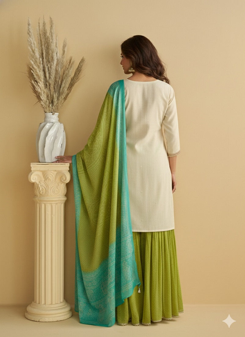 Women's Off White Chinon Silk Zari Embroidered Sequins Sharara Suit