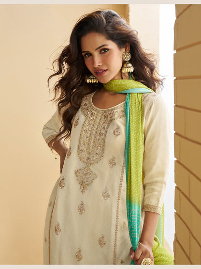 Women's Off White Chinon Silk Zari Embroidered Sequins Sharara Suit