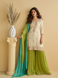 Women's Off White Chinon Silk Zari Embroidered Sequins Sharara Suit