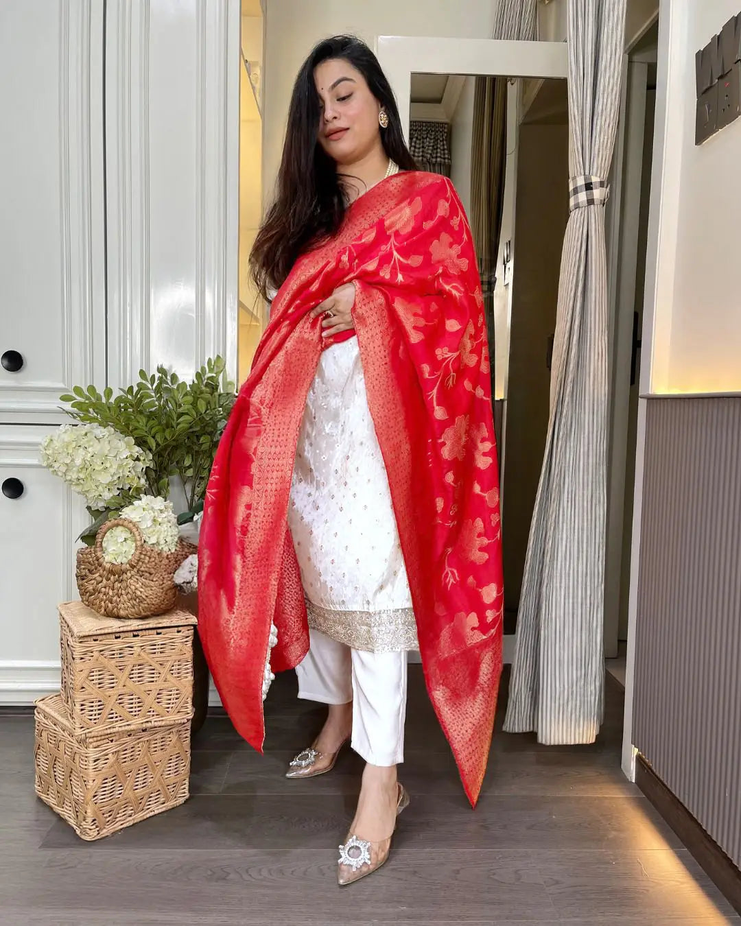Women's Beautiful Chanderi Jacquard Fabric Embroidery Work Straight Kurta Pant and Dupatta Set