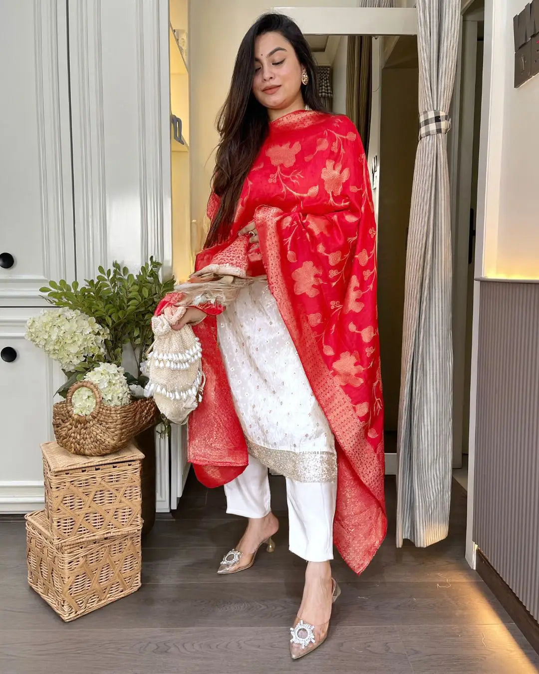 Women's Beautiful Chanderi Jacquard Fabric Embroidery Work Straight Kurta Pant and Dupatta Set