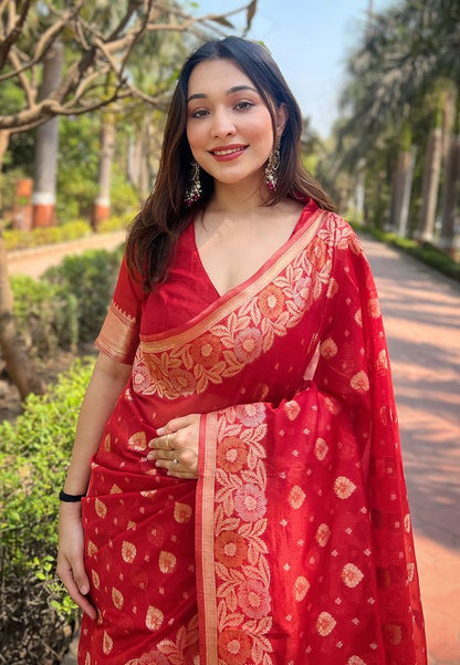 Red Color Organza Fabric Woven Designer Ceremonial Partywear Saree