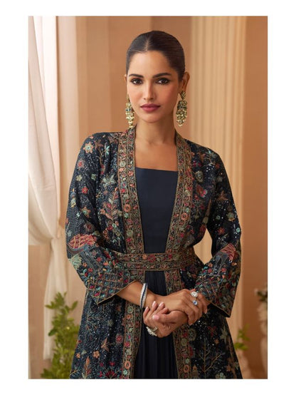 Heavy Silks Teal Long Top With Silk Shrug Free Size Upto 42