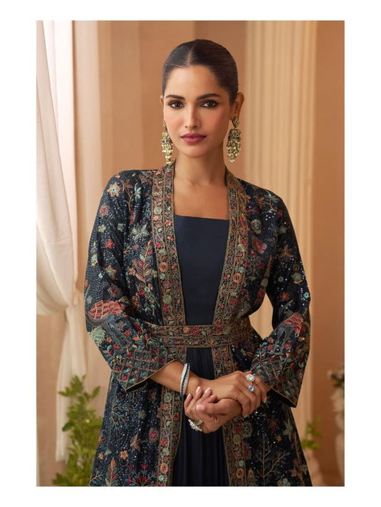 Heavy Silks Teal Long Top With Silk Shrug Free Size Upto 42