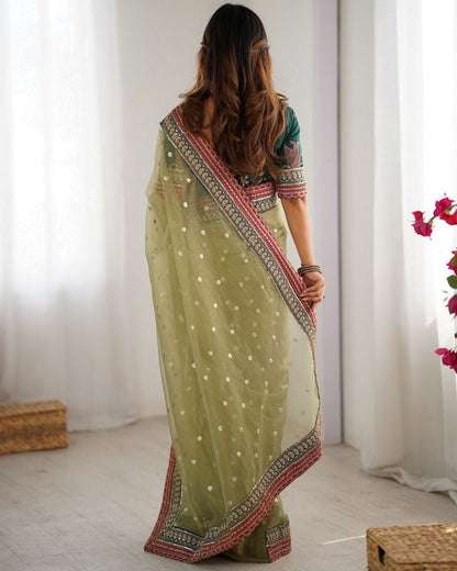 Pista Color Banarasi Crush Fabric Graceful Partywear Sequins Embroidered Saree