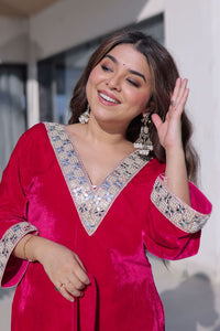 Pink Color Geaceful Festive Special Velvet Fabric Readymade Suit With Batwa