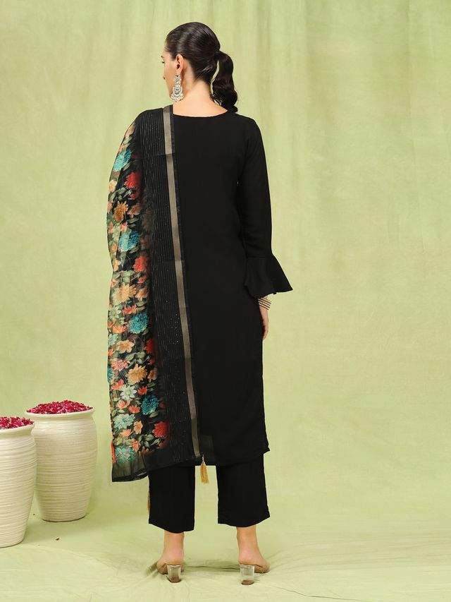 Black Color Viscose Roman Silk Fabric Designer Embroidery Work Sophisticated Girlie Salwar Kameez