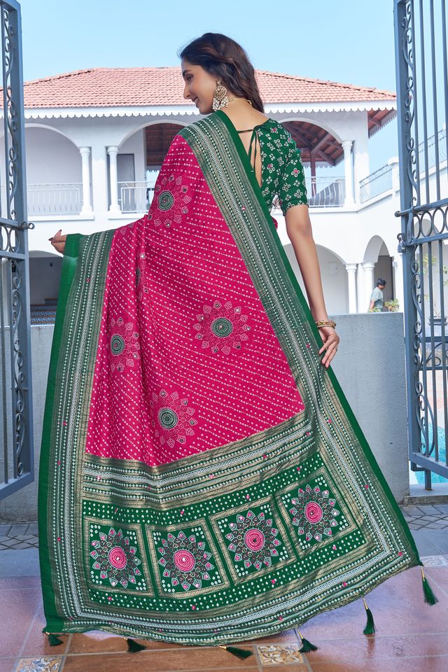 Pink Color Velvet Tussar Silk Fabric Tradtional Woven Saree With Bandhej Print