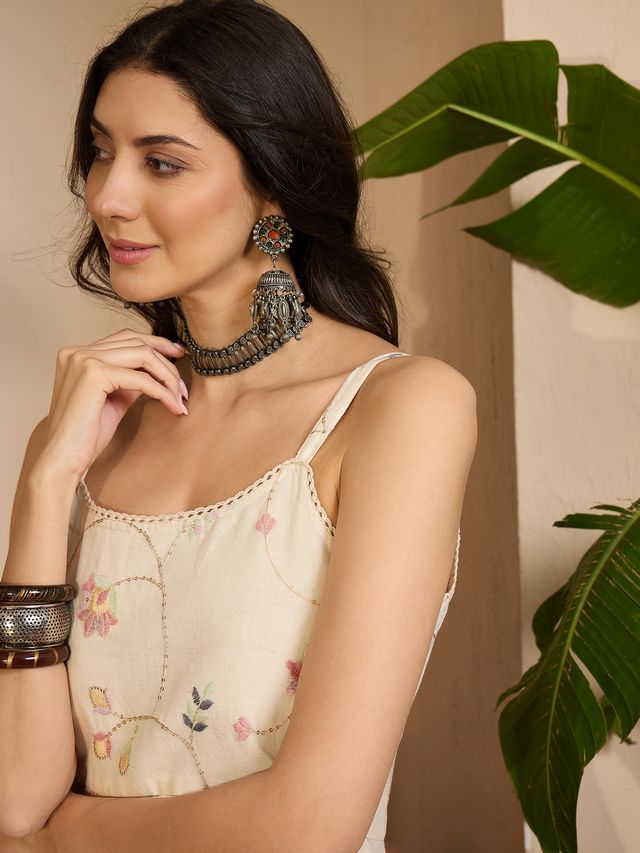 Beige Color Graceful Khadi Silk Fabric Designer Embroidery Work Top Bottom Set 4179