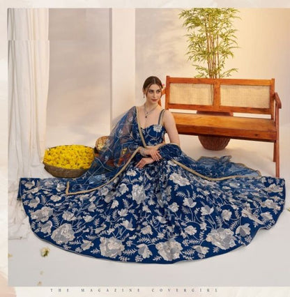 Peacock Blue Heavy Embroidery Net Semi Stitch A Line Lehenga With Blouse